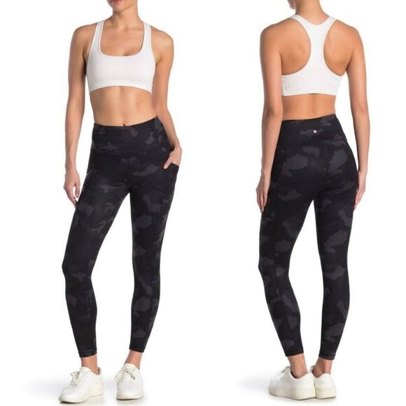 YogaLicious Lux Womens Camouflage Leggings Tights Pocket Stretch Black Size 1X - Picture 1 of 6